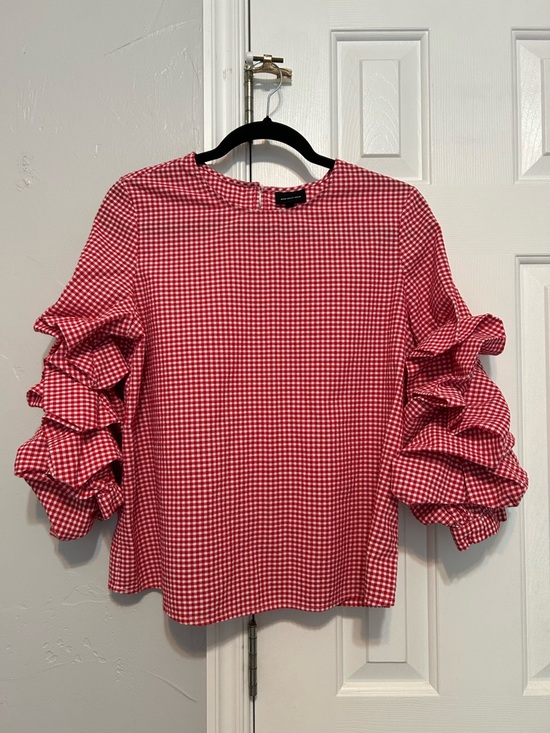 Who What Wear Tops - Who What Wear Red Gingham Ruffle Sleeve Blouse